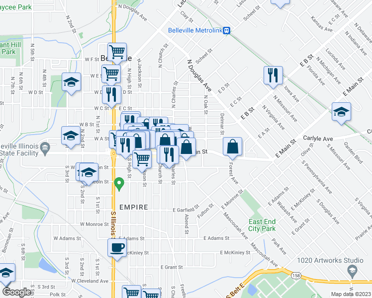 map of restaurants, bars, coffee shops, grocery stores, and more near 7 Walnut Street in Belleville