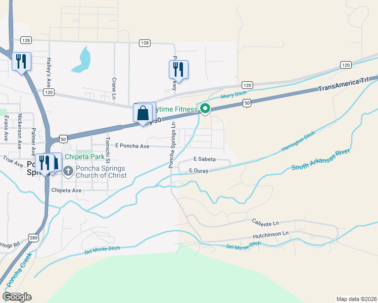 map of restaurants, bars, coffee shops, grocery stores, and more near 1106 East Sabeta in Salida