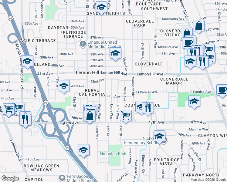 map of restaurants, bars, coffee shops, grocery stores, and more near 6128 Leola Way in Sacramento