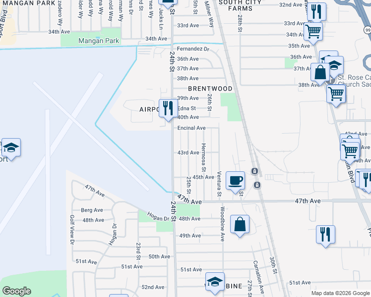 map of restaurants, bars, coffee shops, grocery stores, and more near 6136 25th Street in Sacramento