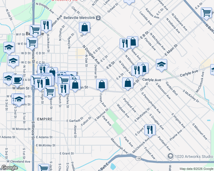 map of restaurants, bars, coffee shops, grocery stores, and more near 11 Grand Avenue in Belleville