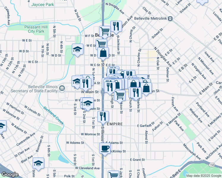 map of restaurants, bars, coffee shops, grocery stores, and more near 1-99 East A Street in Belleville