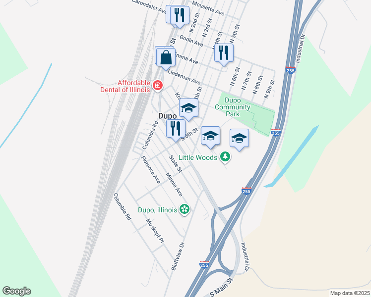 map of restaurants, bars, coffee shops, grocery stores, and more near 521 Louisa Avenue in Dupo
