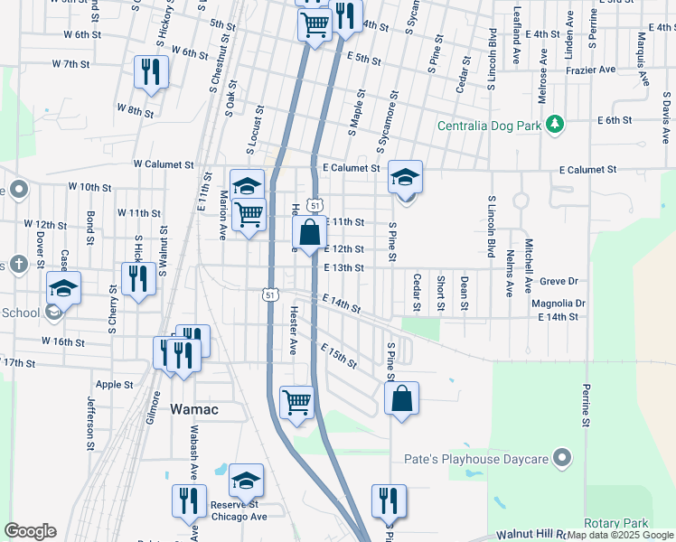 map of restaurants, bars, coffee shops, grocery stores, and more near 1300 South Maple Street in Centralia