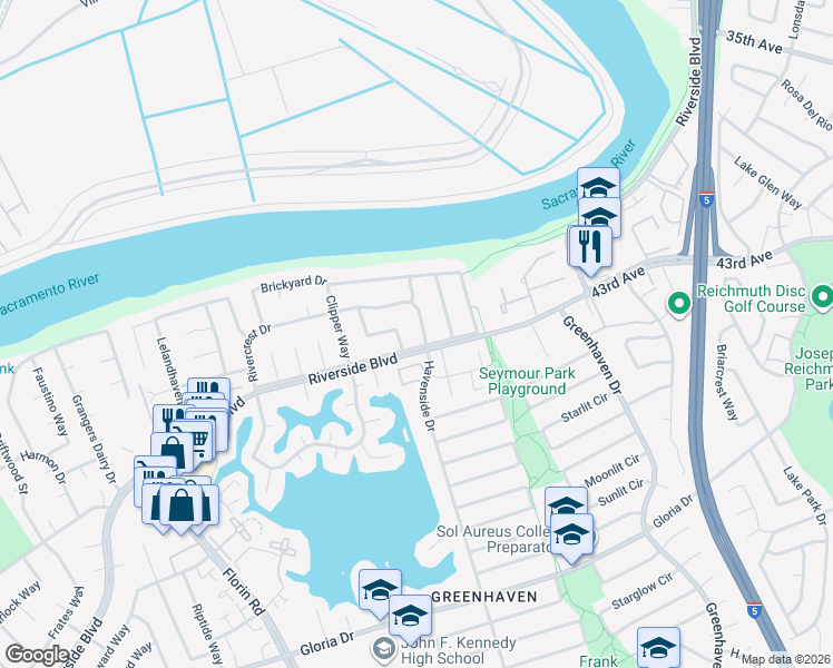 map of restaurants, bars, coffee shops, grocery stores, and more near 744 Rivercrest Drive in Sacramento
