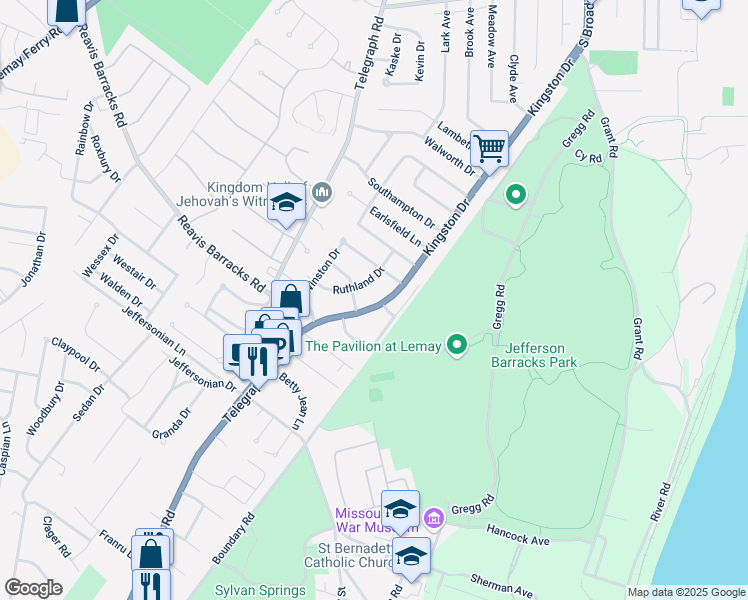 map of restaurants, bars, coffee shops, grocery stores, and more near 439 Kingston Drive in St. Louis