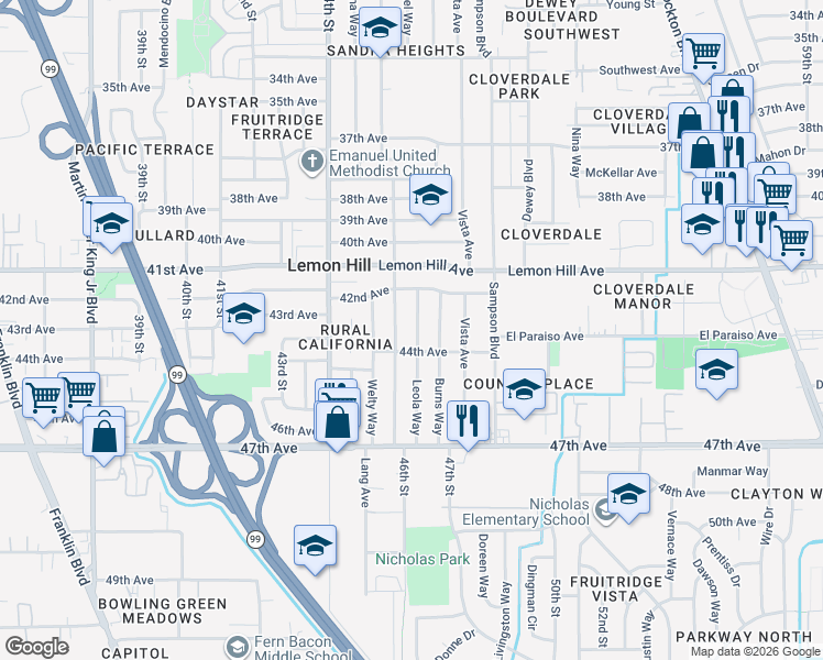 map of restaurants, bars, coffee shops, grocery stores, and more near 6128 Leola Way in Sacramento