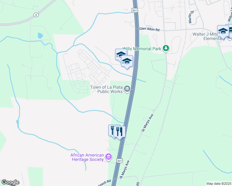 map of restaurants, bars, coffee shops, grocery stores, and more near 7225 Crain Highway in La Plata