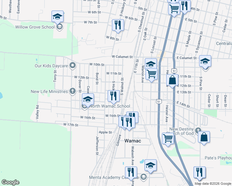 map of restaurants, bars, coffee shops, grocery stores, and more near 1301 South Hickory Street in Centralia