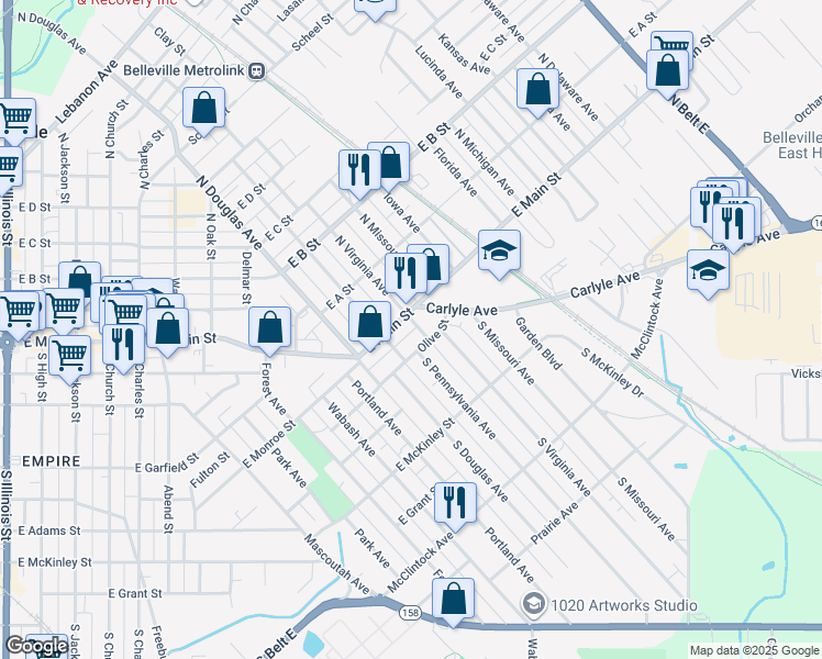 map of restaurants, bars, coffee shops, grocery stores, and more near 11 South Virginia Avenue in Belleville