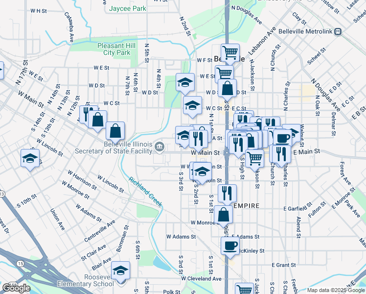 map of restaurants, bars, coffee shops, grocery stores, and more near 223 West Main Street in Belleville