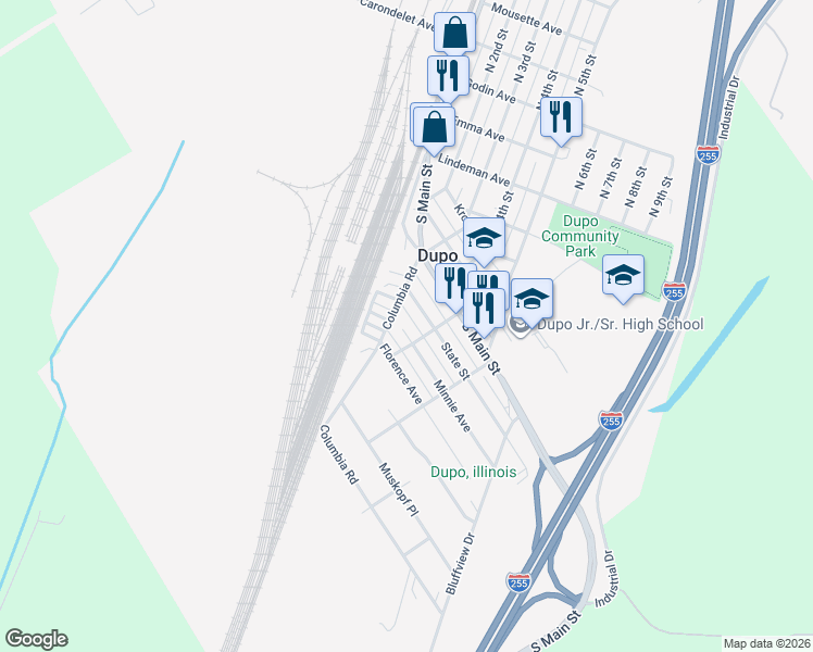 map of restaurants, bars, coffee shops, grocery stores, and more near 404 Minnie Avenue in Dupo