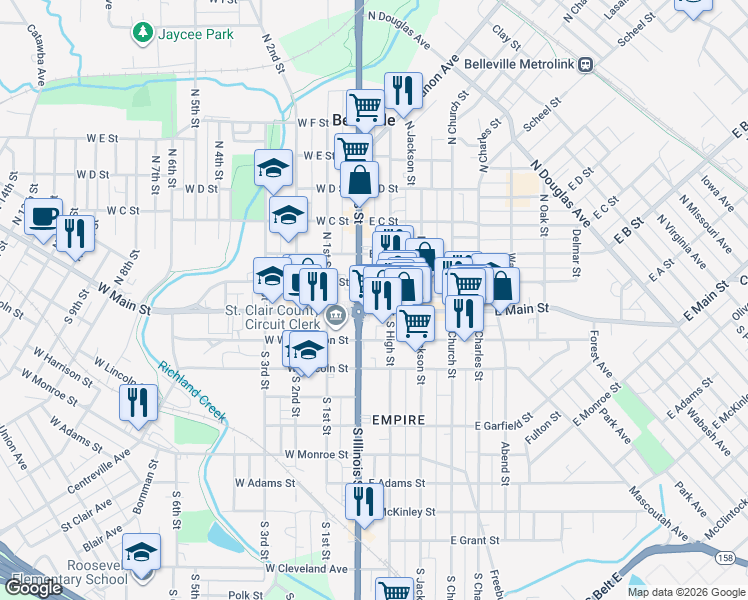 map of restaurants, bars, coffee shops, grocery stores, and more near 1-99 East A Street in Belleville