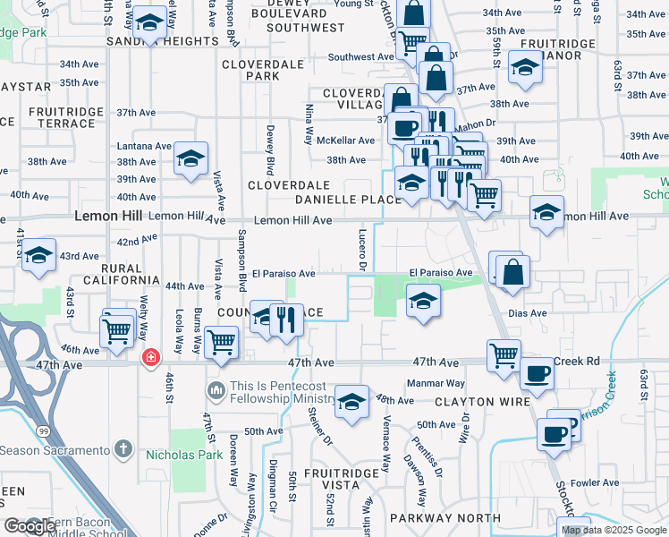 map of restaurants, bars, coffee shops, grocery stores, and more near 5193 El Paraiso Avenue in Sacramento