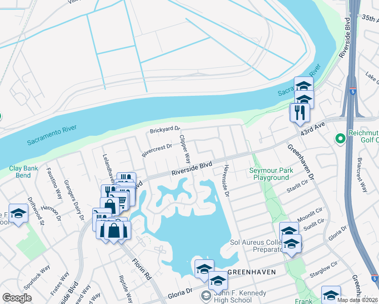 map of restaurants, bars, coffee shops, grocery stores, and more near 665 Clipper Way in Sacramento