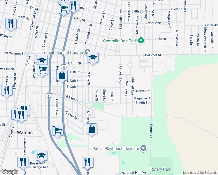 map of restaurants, bars, coffee shops, grocery stores, and more near 1300 Dean Street in Centralia