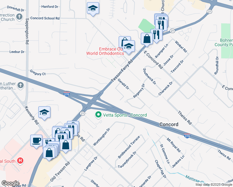 map of restaurants, bars, coffee shops, grocery stores, and more near 9920 Merito Drive in St. Louis