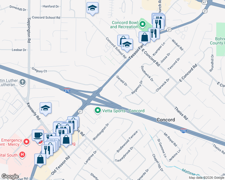 map of restaurants, bars, coffee shops, grocery stores, and more near 9960 Merito Drive in St. Louis