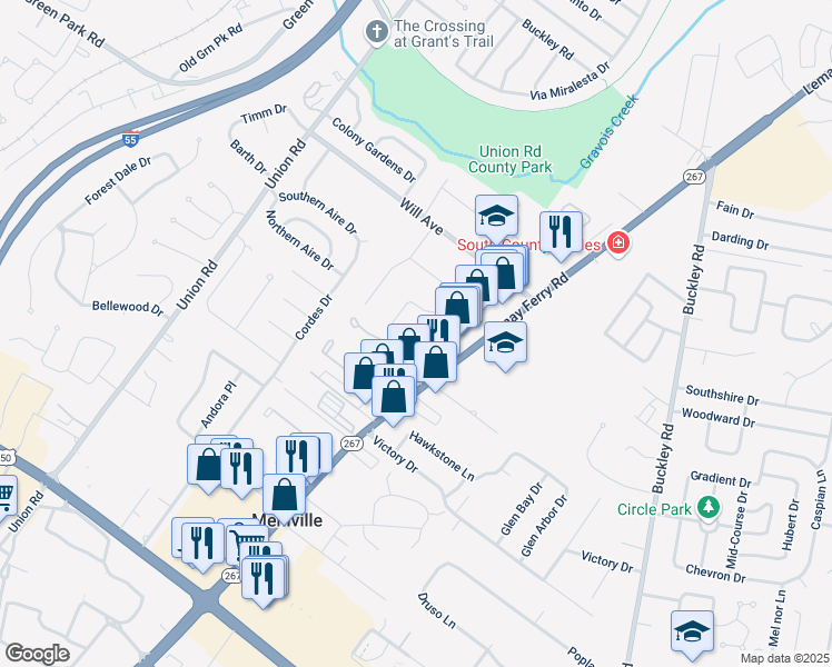map of restaurants, bars, coffee shops, grocery stores, and more near 3647 Dove Dale Lane in St. Louis