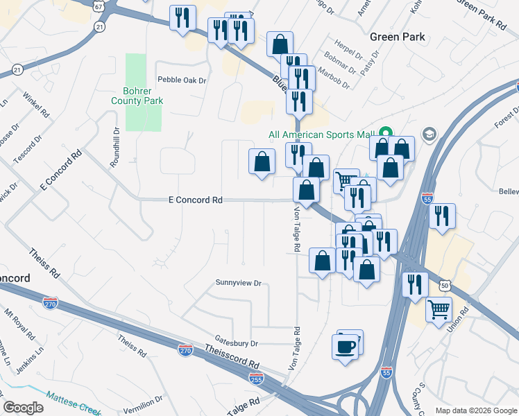 map of restaurants, bars, coffee shops, grocery stores, and more near 1 Larkin Lane in St. Louis