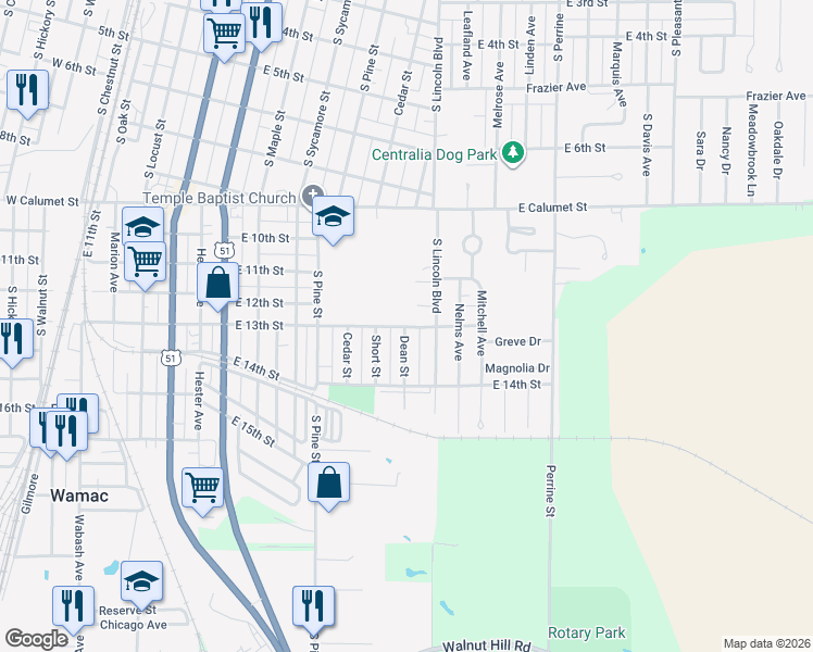map of restaurants, bars, coffee shops, grocery stores, and more near 1300 Dean Street in Centralia