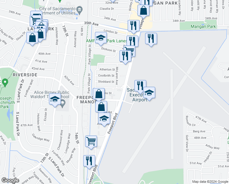 map of restaurants, bars, coffee shops, grocery stores, and more near 6213 Booth Lane in Sacramento