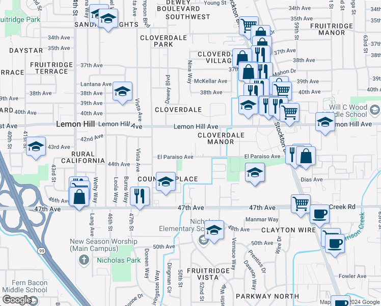 map of restaurants, bars, coffee shops, grocery stores, and more near 5107 El Paraiso Avenue in Sacramento