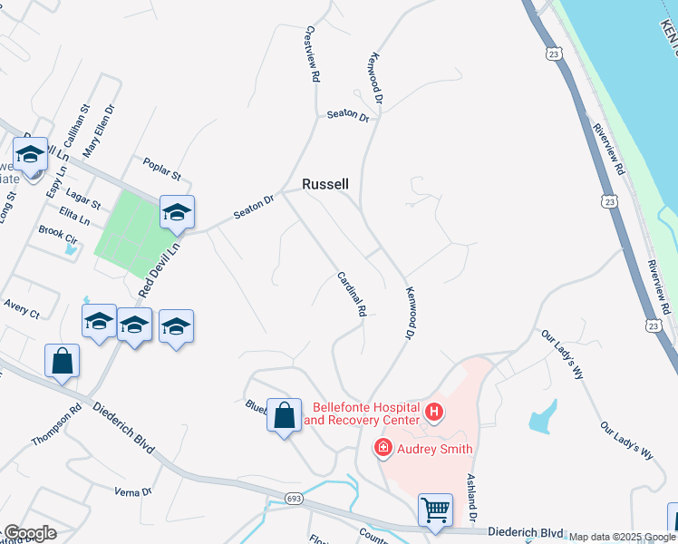 map of restaurants, bars, coffee shops, grocery stores, and more near 100 Bobolink Road in Russell