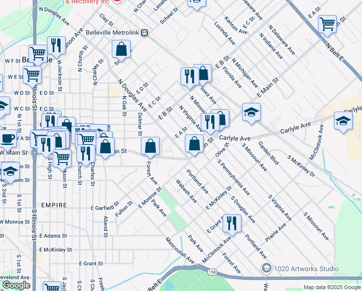 map of restaurants, bars, coffee shops, grocery stores, and more near 26 North Douglas Avenue in Belleville