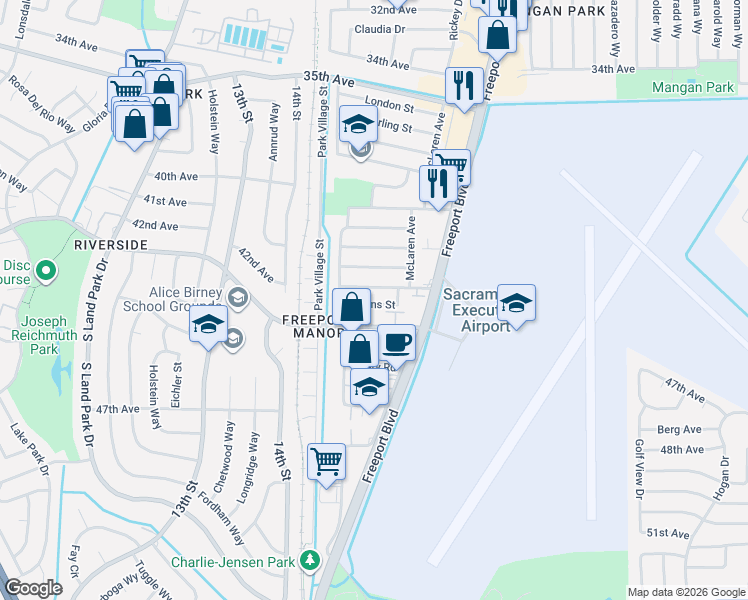 map of restaurants, bars, coffee shops, grocery stores, and more near 1443 Hopkins Street in Sacramento