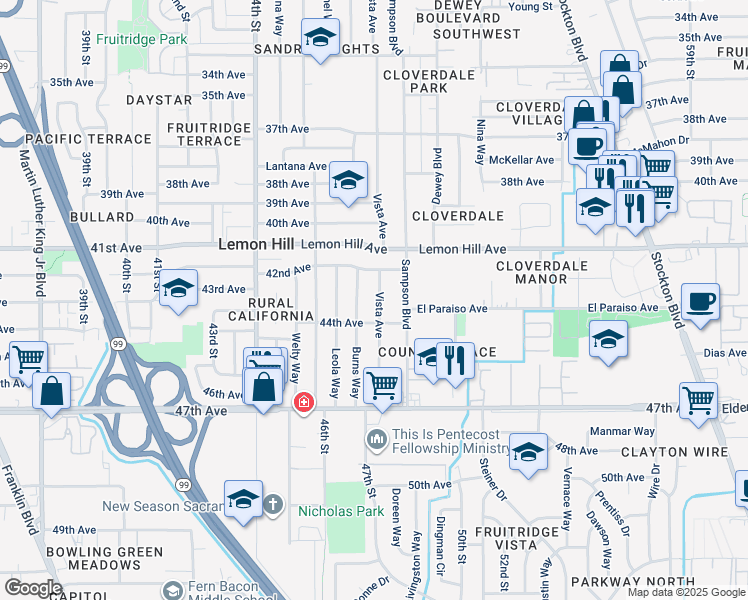 map of restaurants, bars, coffee shops, grocery stores, and more near 6120 Vista Avenue in Sacramento