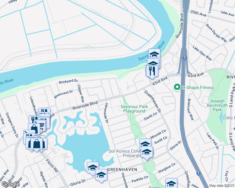 map of restaurants, bars, coffee shops, grocery stores, and more near 6201 Riverton Way in Sacramento