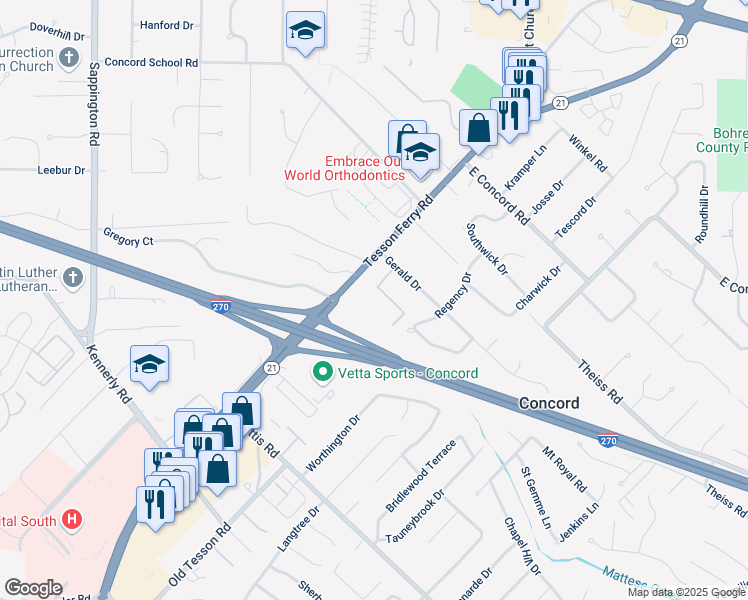 map of restaurants, bars, coffee shops, grocery stores, and more near 9960 Merito Drive in St. Louis