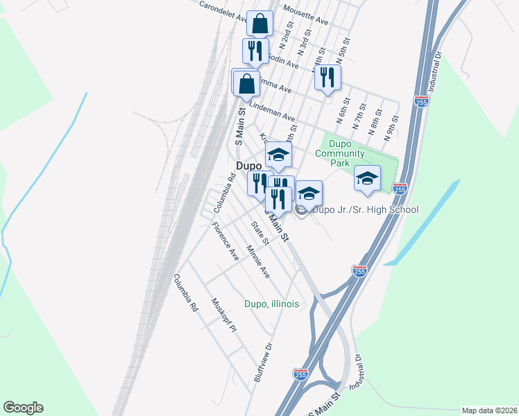 map of restaurants, bars, coffee shops, grocery stores, and more near 501 S Main St in Dupo
