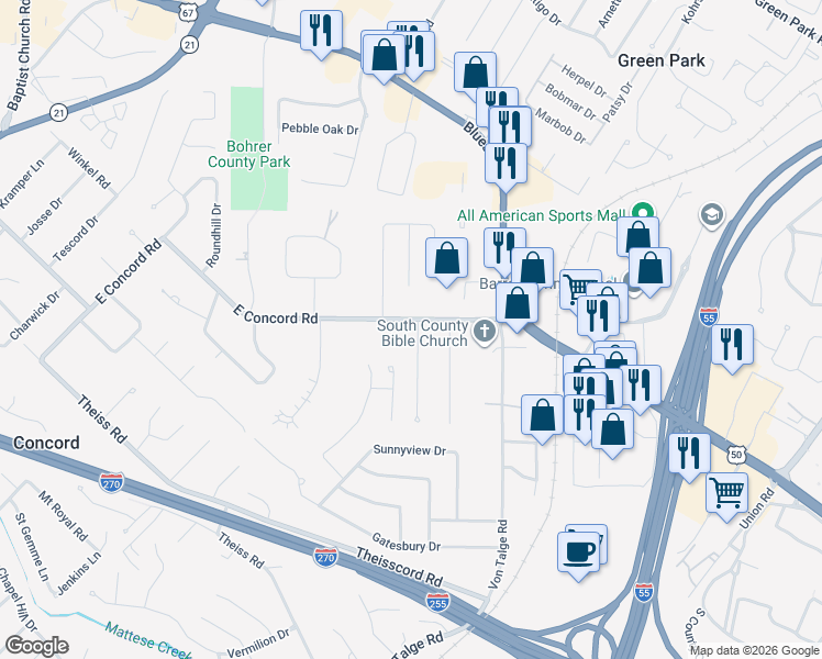 map of restaurants, bars, coffee shops, grocery stores, and more near 4201 Leonard Drive in St. Louis