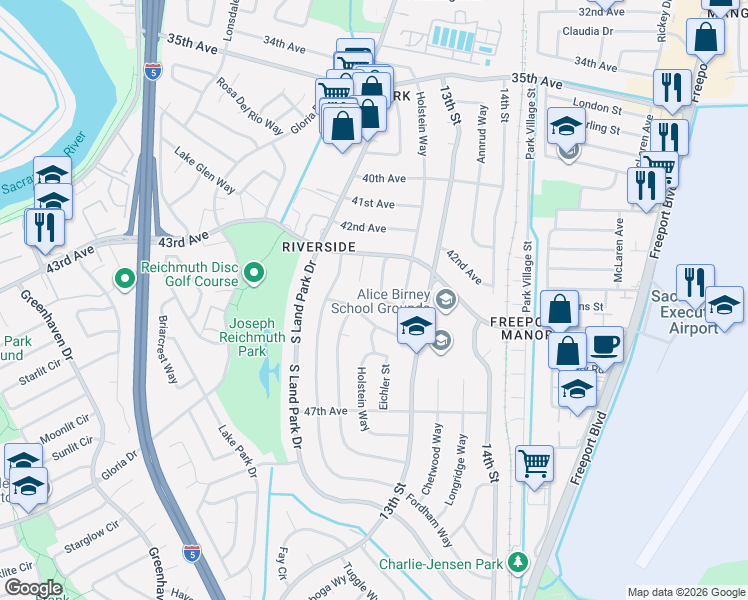 map of restaurants, bars, coffee shops, grocery stores, and more near 6160 Wycliffe Way in Sacramento