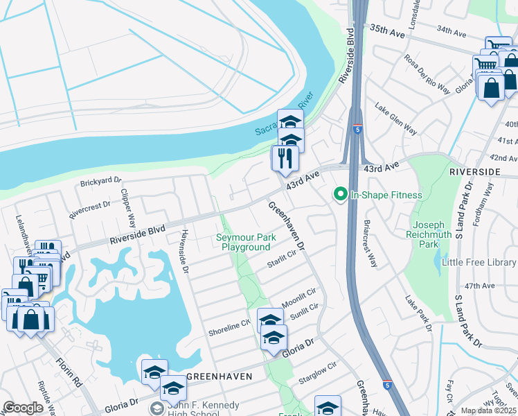 map of restaurants, bars, coffee shops, grocery stores, and more near 6200 Greenhaven Drive in Sacramento