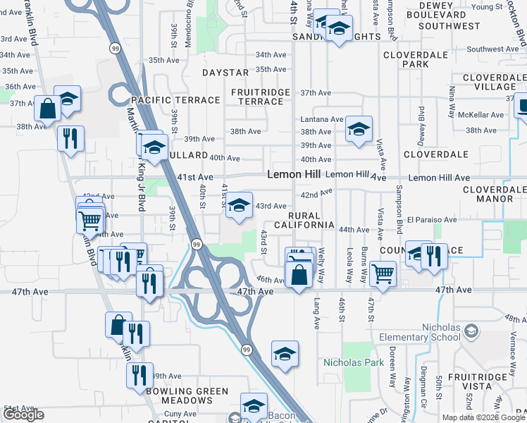 map of restaurants, bars, coffee shops, grocery stores, and more near 4220 43rd Ave in Sacramento