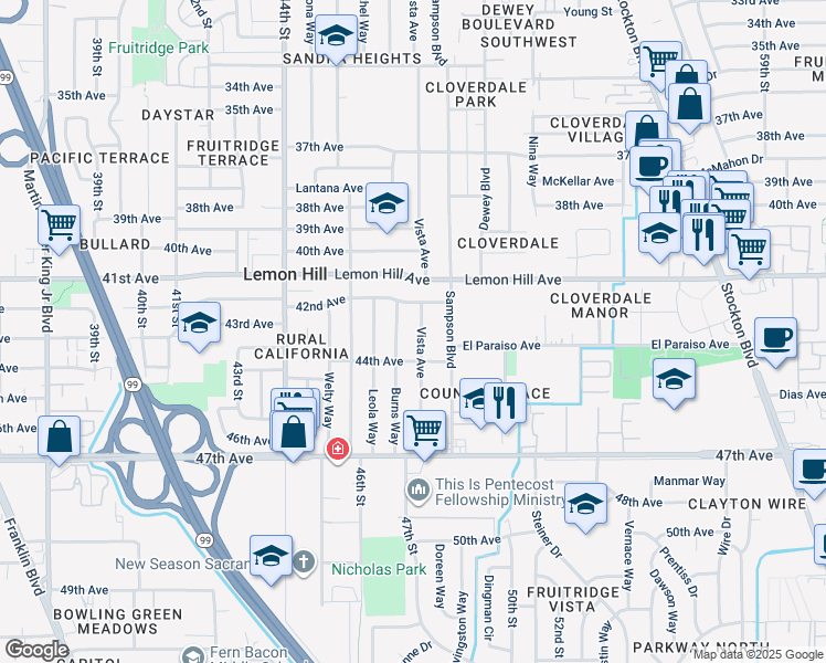 map of restaurants, bars, coffee shops, grocery stores, and more near 6120 Vista Avenue in Sacramento
