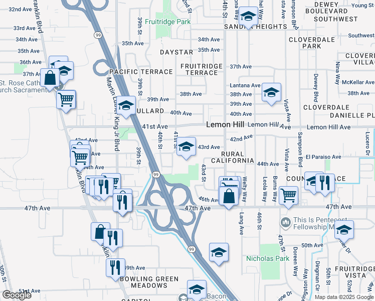 map of restaurants, bars, coffee shops, grocery stores, and more near 4116 43rd Avenue in Sacramento