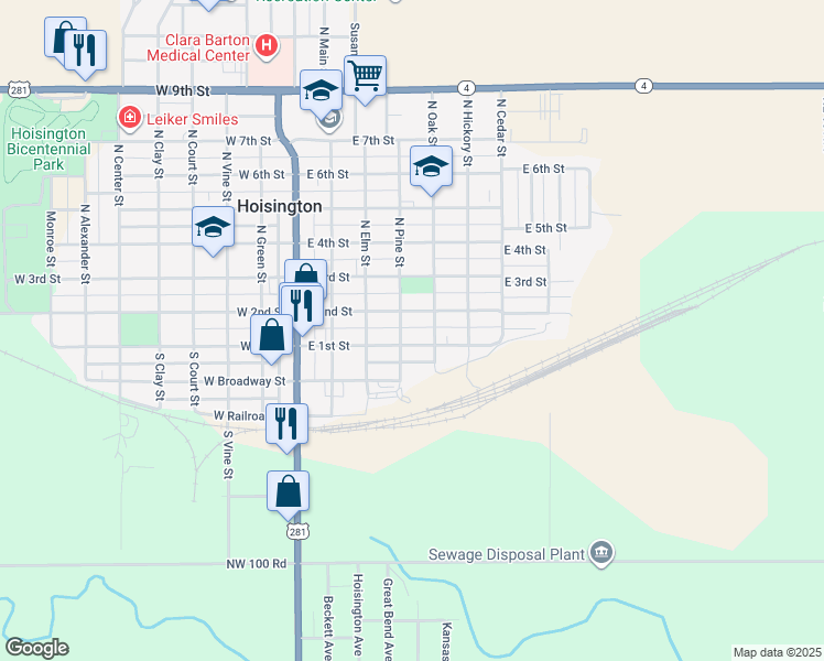 map of restaurants, bars, coffee shops, grocery stores, and more near 101-199 North Pine Street in Hoisington