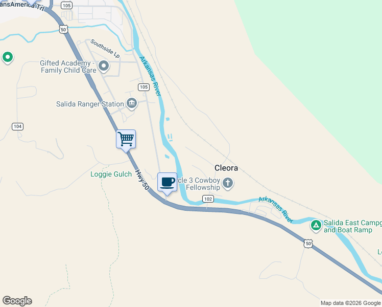 map of restaurants, bars, coffee shops, grocery stores, and more near 6507-6509 County Road 102 in Salida