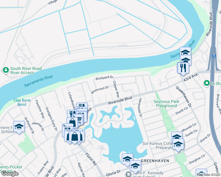 map of restaurants, bars, coffee shops, grocery stores, and more near 642 Rivercrest Drive in Sacramento