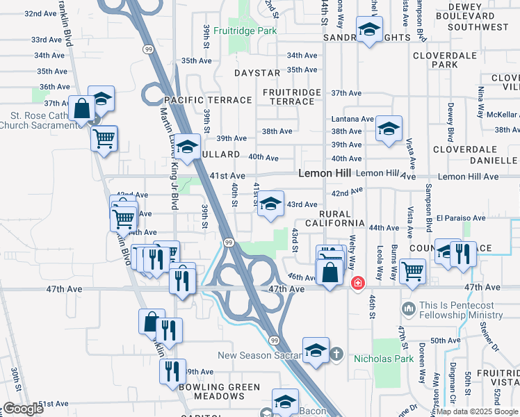 map of restaurants, bars, coffee shops, grocery stores, and more near 4100 43rd Avenue in Sacramento