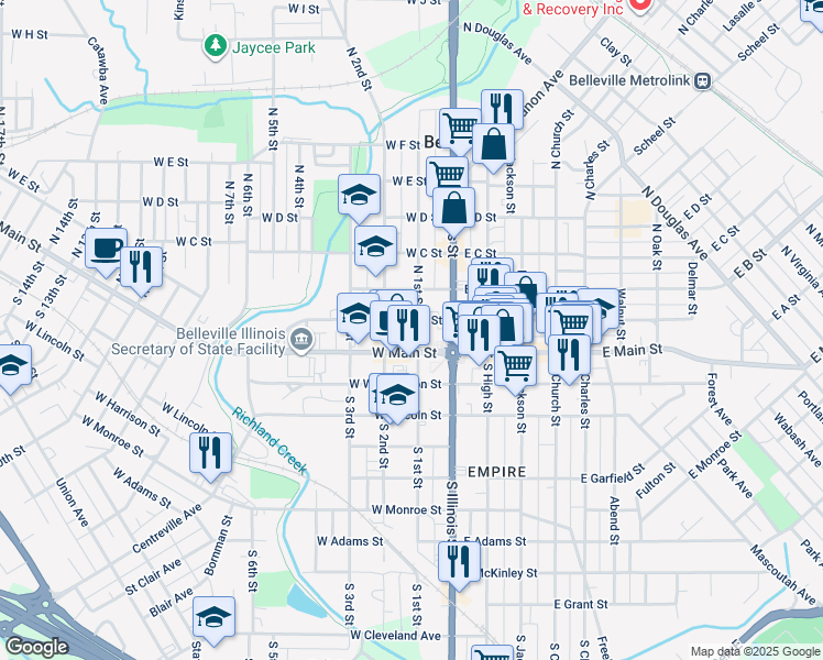 map of restaurants, bars, coffee shops, grocery stores, and more near 123 West Main Street in Belleville