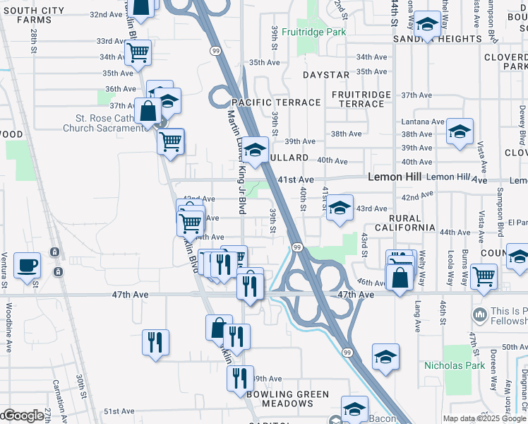 map of restaurants, bars, coffee shops, grocery stores, and more near 3825 43rd Avenue in Sacramento