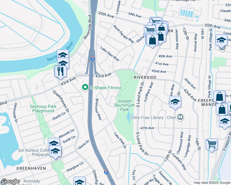 map of restaurants, bars, coffee shops, grocery stores, and more near 6242 Gloria Drive in Sacramento