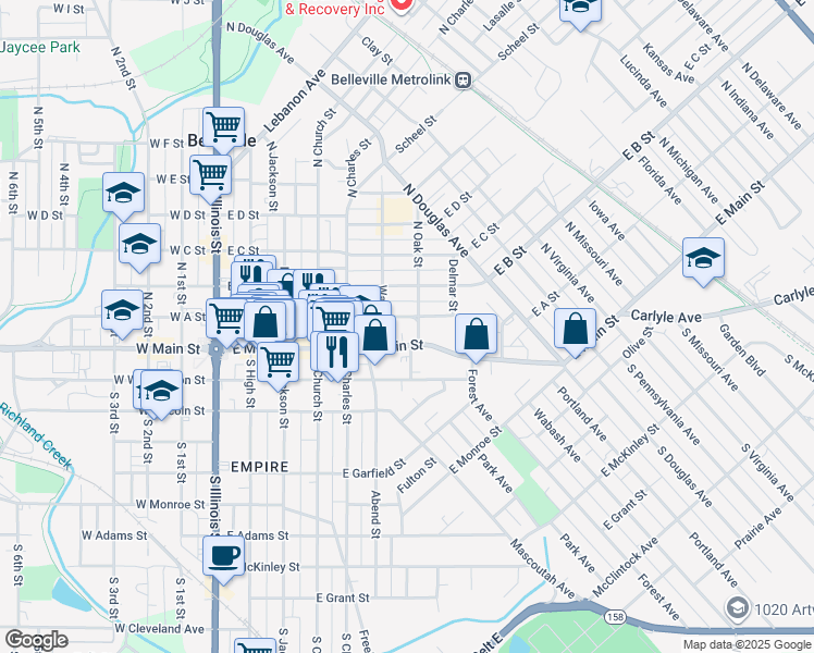 map of restaurants, bars, coffee shops, grocery stores, and more near 701 East Main Street in Belleville