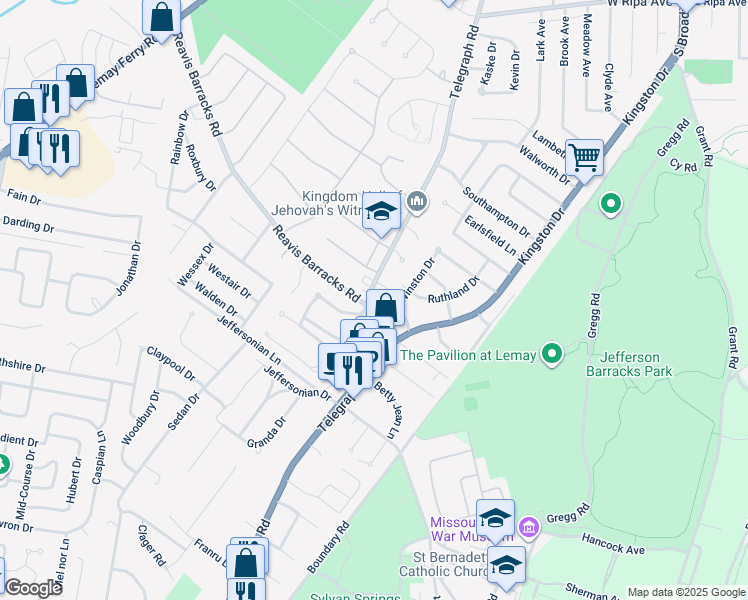 map of restaurants, bars, coffee shops, grocery stores, and more near 2520 Telegraph Road in Lemay