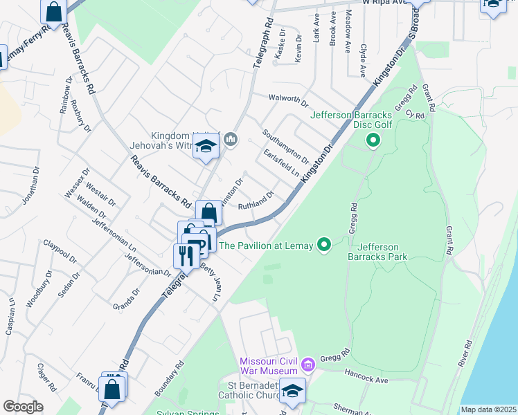 map of restaurants, bars, coffee shops, grocery stores, and more near 432 Ruthland Drive in St. Louis